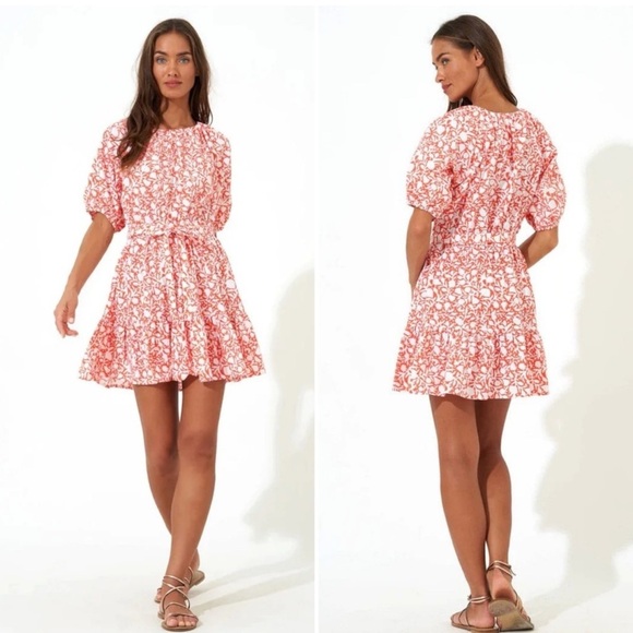 Oliphant Short Crew Mini Dress Women’s‎ Size XS Puff Sleeve Floral Orange White - Picture 1 of 11